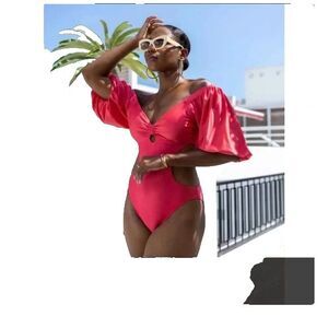 Women's Metallic Puff Sleeve Cut Out One Piece Swimsuit or Top Sz S NWT